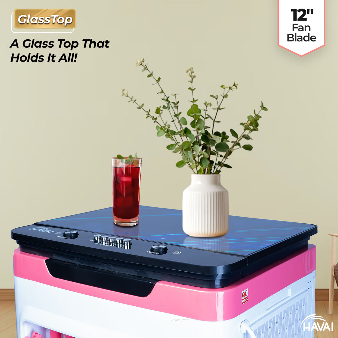 HAVAI Premium Glass Top GT 12 | 12&quot; Fan Blade | 40 Litre Tank Capacity | 160W Power | 15ft Air Throw | 3-Side Honeycomb Cooling | Sleek Glass Top Design | 4 Castor Wheels (PINK)