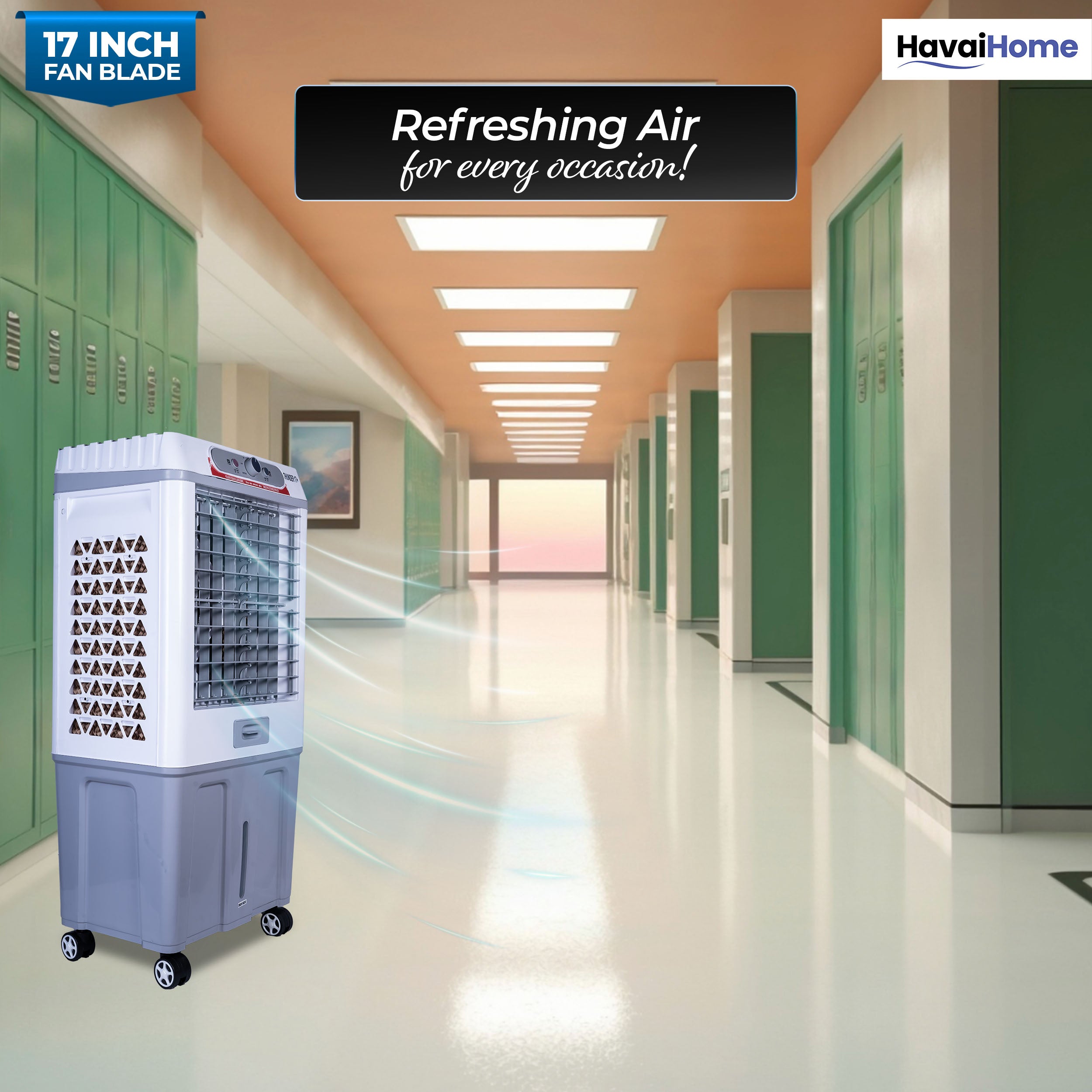HAVAI Thunder 17+ Desert Cooler | 100L Tank | 17-Inch Fan Blade | 3-Side Honeycomb Pads | Heavy-Duty 110 Dia 32mm Motor | Auto Swing | 1-Year Motor Warranty &amp; Post-Warranty Service | White &amp; Brown