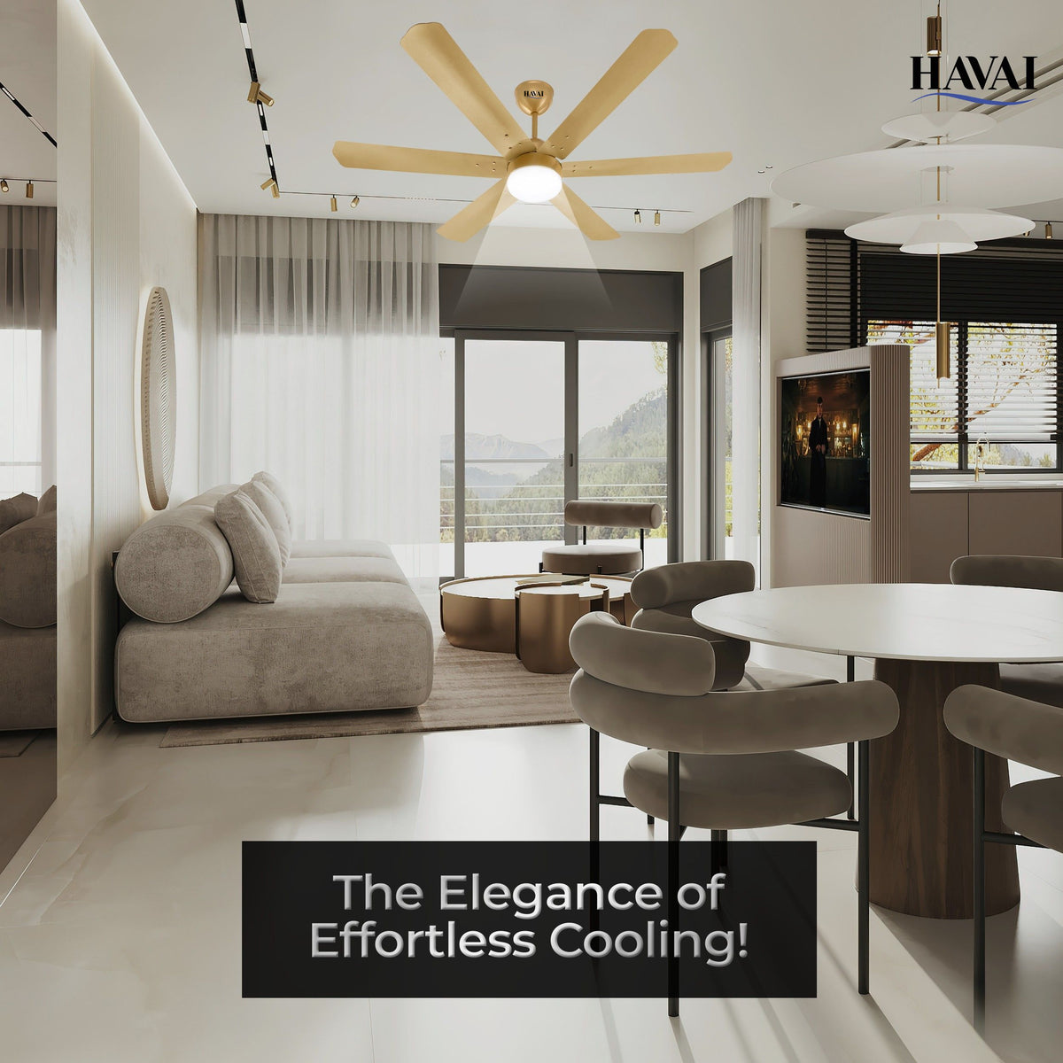 HAVAI Spinel BLDC Ceiling Fan 35W, 1200mm Blade with Remote - Champagne Yellow, 9W LED Light