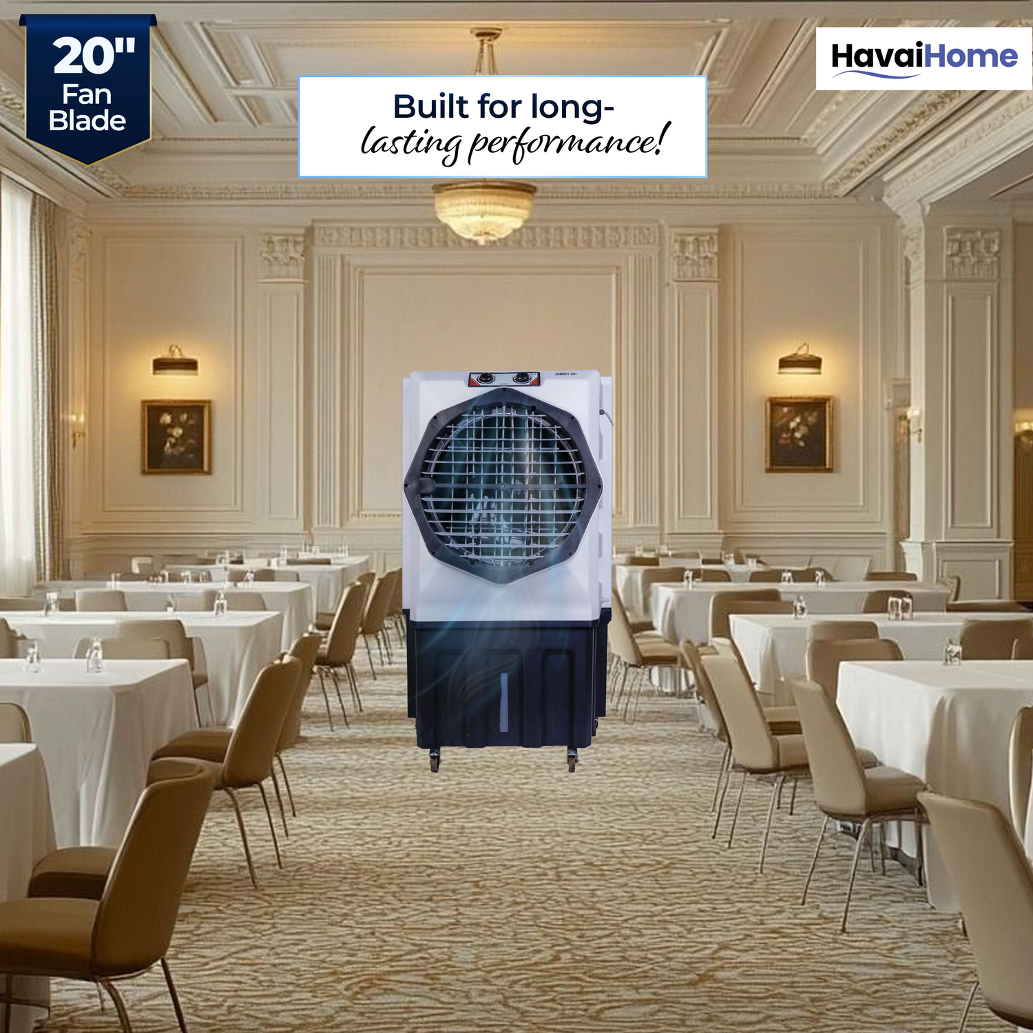HAVAI Jumbo 20+ Desert Air Cooler for Home &amp; Commercial Use | 20 Inch Aluminium Fan, 150L Tank, 6190 m³/hr Air Delivery | Covers 450 Sq Ft | Honeycomb Pads, Auto Swing Louvers, Wheels | White &amp; Grey