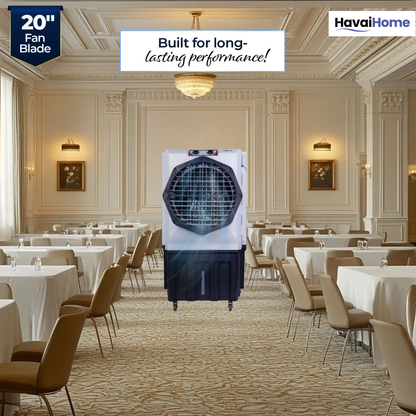 HAVAI Jumbo 20+ Desert Air Cooler for Home &amp; Commercial Use | 20 Inch Aluminium Fan, 150L Tank, 6190 m³/hr Air Delivery | Covers 450 Sq Ft | Honeycomb Pads, Auto Swing Louvers, Wheels | White &amp; Grey