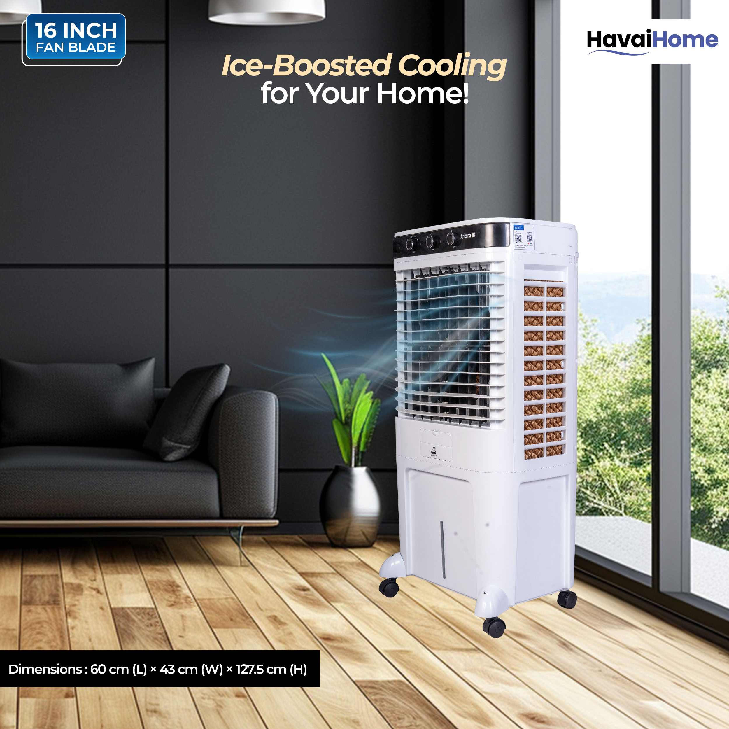 HAVAI Arizona 16 80L Desert Air Cooler with Ice Chamber | 16-Inch Aerodynamic Blade | 3-Side Thick Honeycomb Pads | 5 Castors for Extra Stability | 3300 m³/hr Air Delivery | 20 Ft Air Throw | 1 Year On-Site Warranty