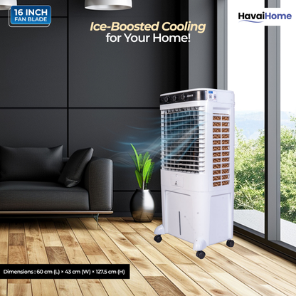 HAVAI Arizona 16 80L Desert Air Cooler with Ice Chamber | 16-Inch Aerodynamic Blade | 3-Side Thick Honeycomb Pads | 5 Castors for Extra Stability | 3300 m³/hr Air Delivery | 20 Ft Air Throw | 1 Year On-Site Warranty