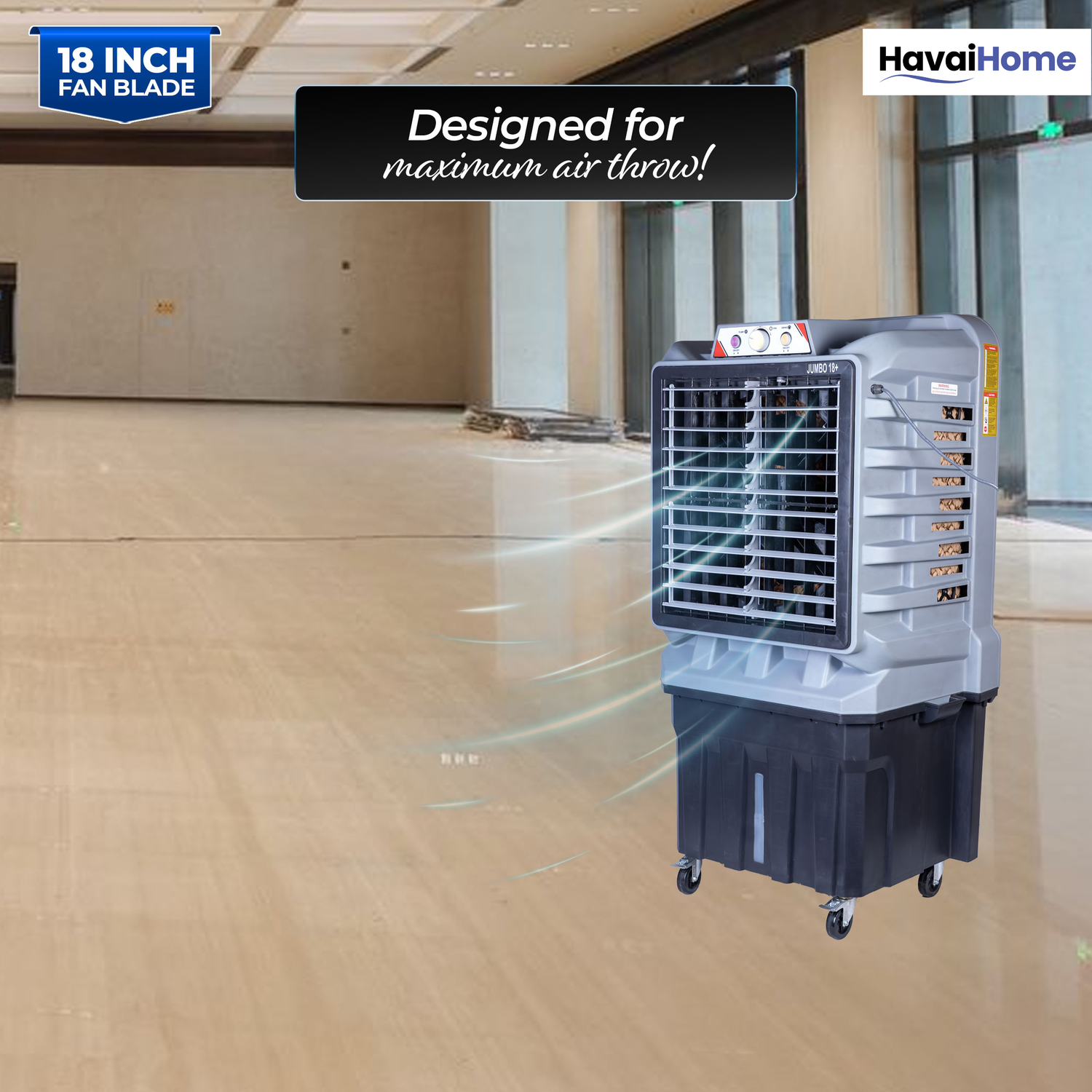 HAVAI Jumbo 18+ Massey Desert Cooler | 150L | 18-Inch Fan | Heavy-Duty 41mm Motor | 3-Side Honeycomb Pads | Auto Swing | Castor Wheels | 230V, 280W | White &amp; Grey