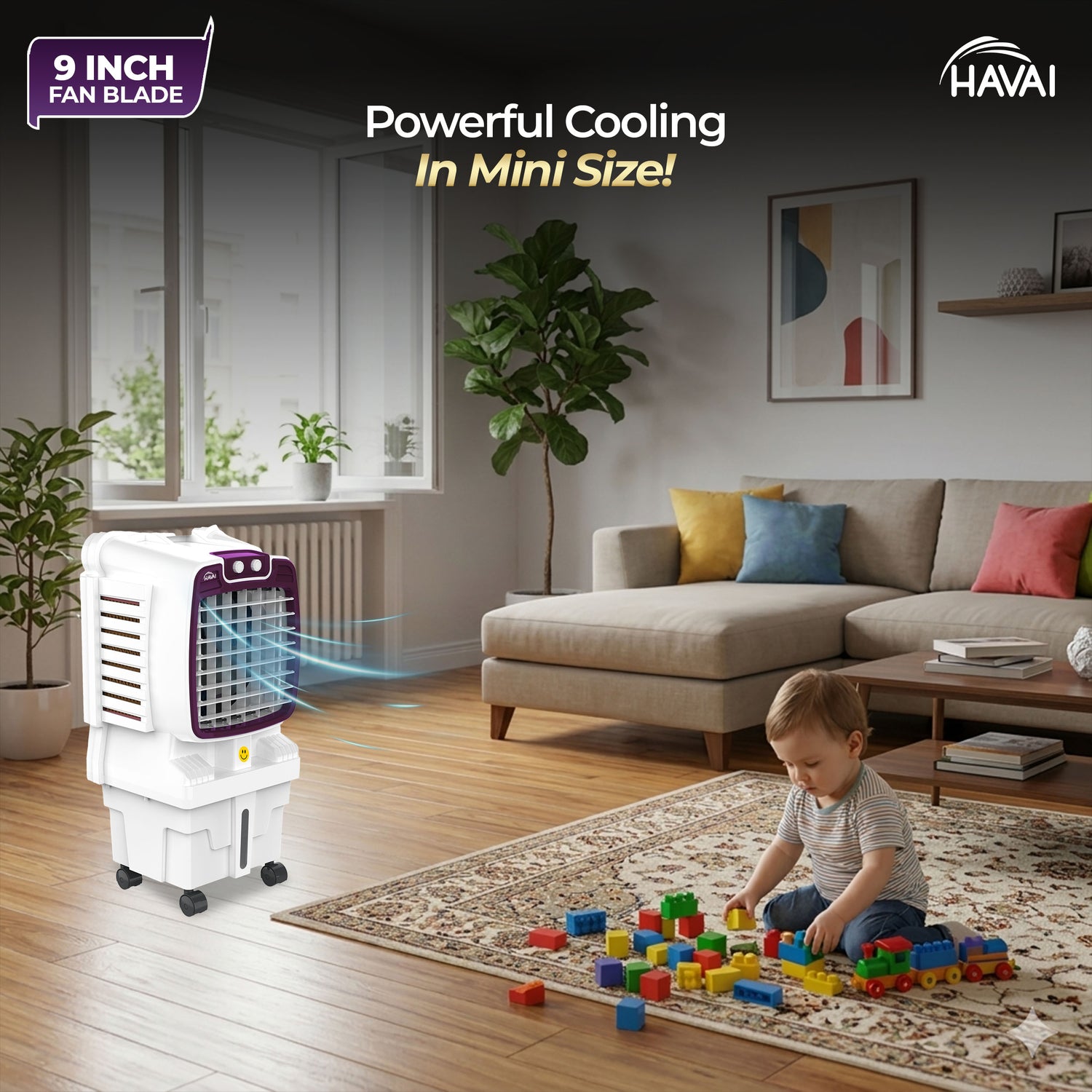 HAVAI Arizona 9 Mini Personal Air Cooler | India’s First 9-Inch Blade Cooler | 2600 RPM | 5 Ft Air Throw | 3-Side Honeycomb | 12L Tank | Motorised Louvers | 120W | Ideal for 50 Sq Ft