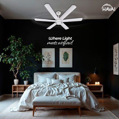 HAVAI Spinel BLDC Ceiling Fan with Decorative Ring | 1200mm, 6 Blades, 25W | Remote Control &amp; 9W LED Light | 2 Years Warranty | Pearl White