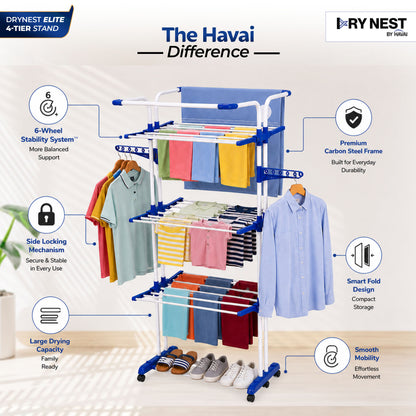 HAVAI Premium 4 Tier Stainless Steel Foldable Clothes Drying Stand with 6 Wheels | Heavy Duty Laundry Drying Rack for Indoor &amp; Outdoor Use | Rust Resistant | Space Saving Design