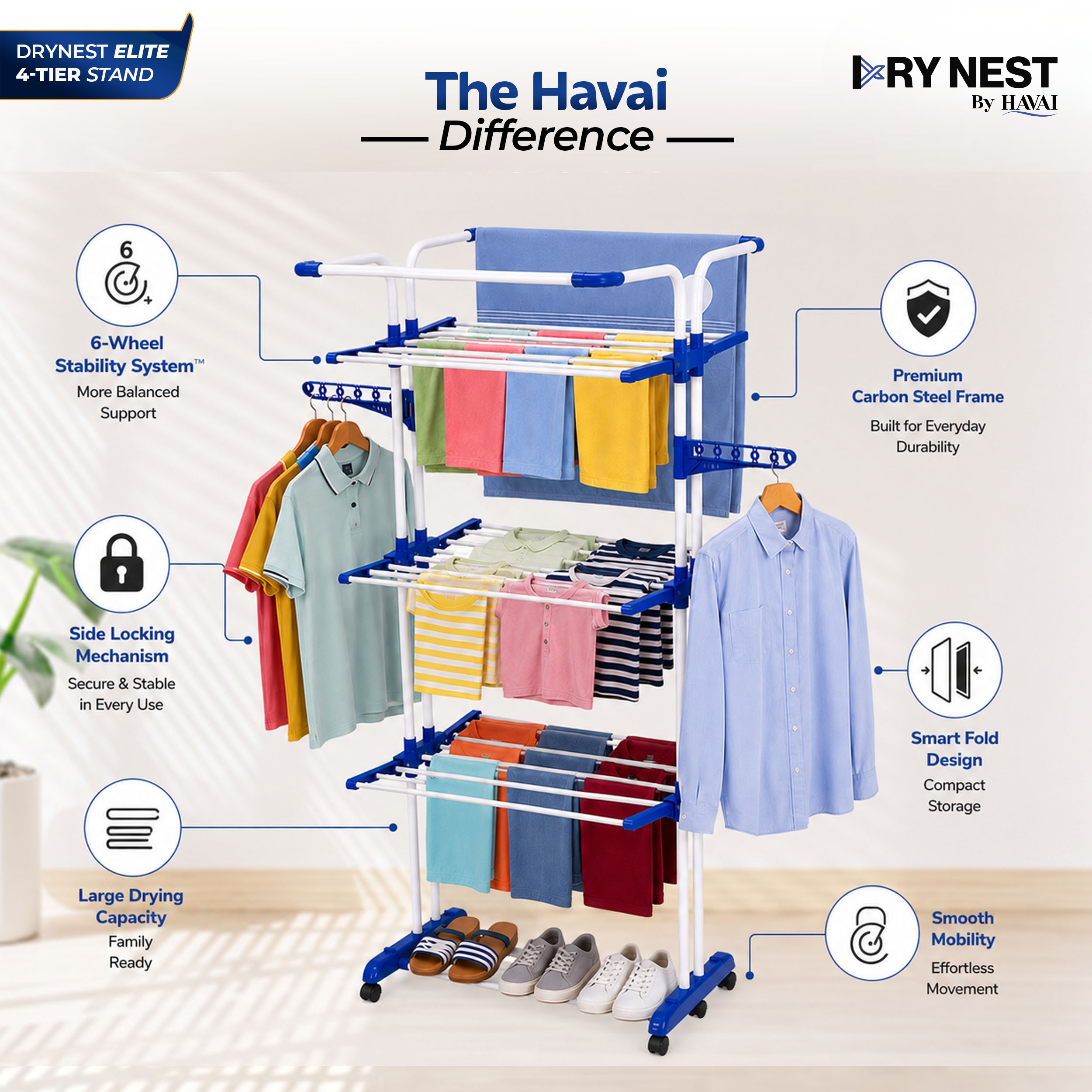 HAVAI Premium 4 Tier Stainless Steel Foldable Clothes Drying Stand with 6 Wheels | Heavy Duty Laundry Drying Rack for Indoor &amp; Outdoor Use | Rust Resistant | Space Saving Design