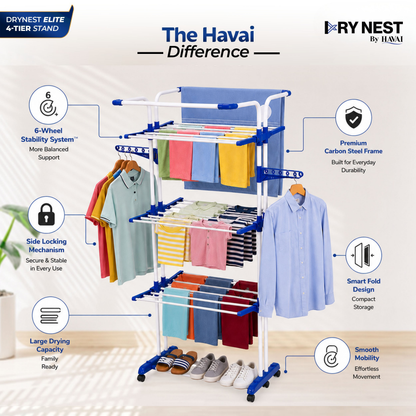 HAVAI Premium 4 Tier Stainless Steel Foldable Clothes Drying Stand with 6 Wheels | Heavy Duty Laundry Drying Rack for Indoor &amp; Outdoor Use | Rust Resistant | Space Saving Design