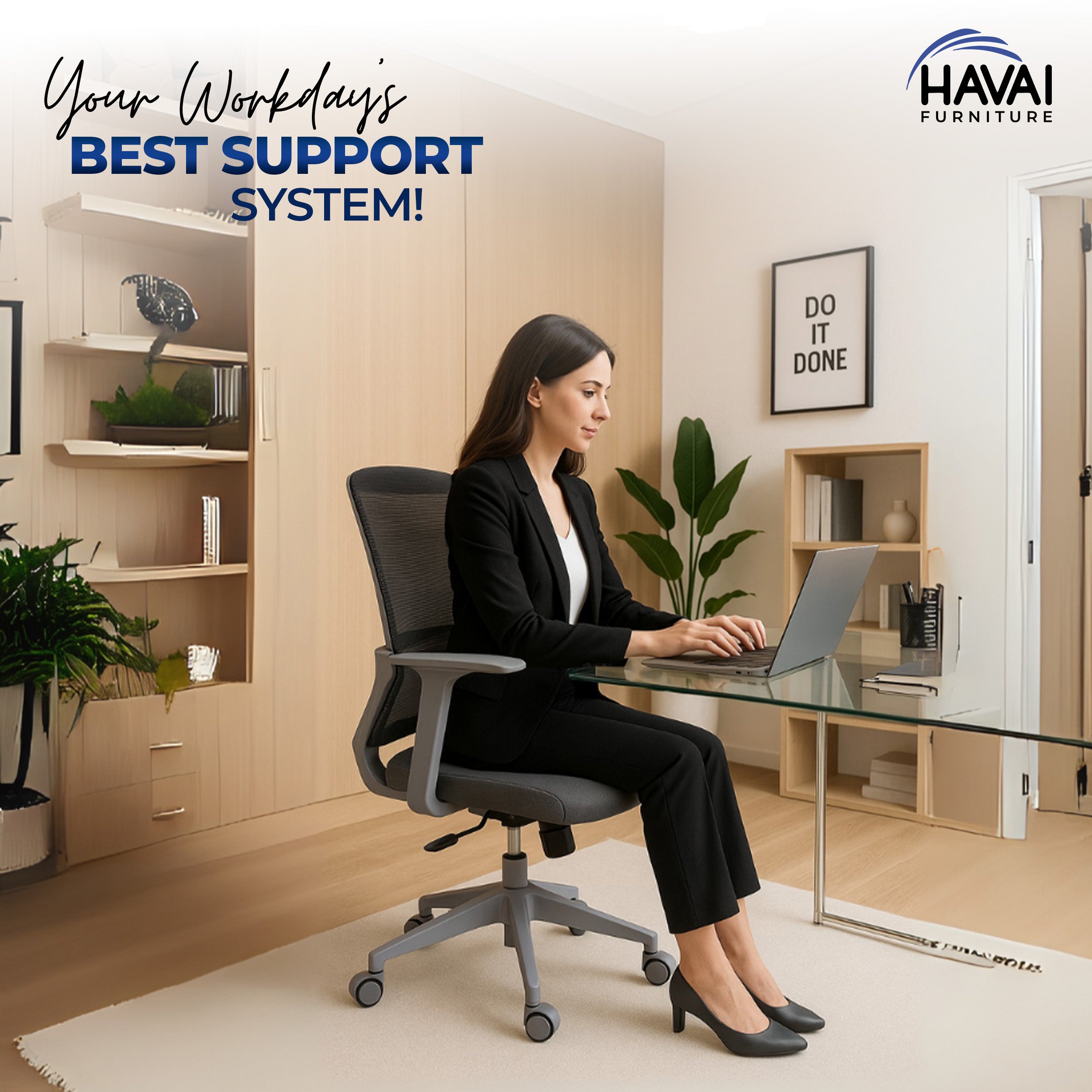 HAVAI Ergolite Mid Back Ergonomic Mesh Office Chair |  One Lock Tilt Mechanism | Fixed Armrests | Nylon Base |  Breathable Mesh Back (Grey)