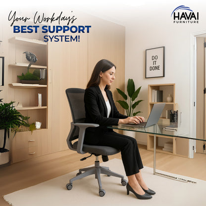 HAVAI Ergolite Mid Back Ergonomic Mesh Office Chair |  One Lock Tilt Mechanism | Fixed Armrests | Nylon Base |  Breathable Mesh Back (Grey)