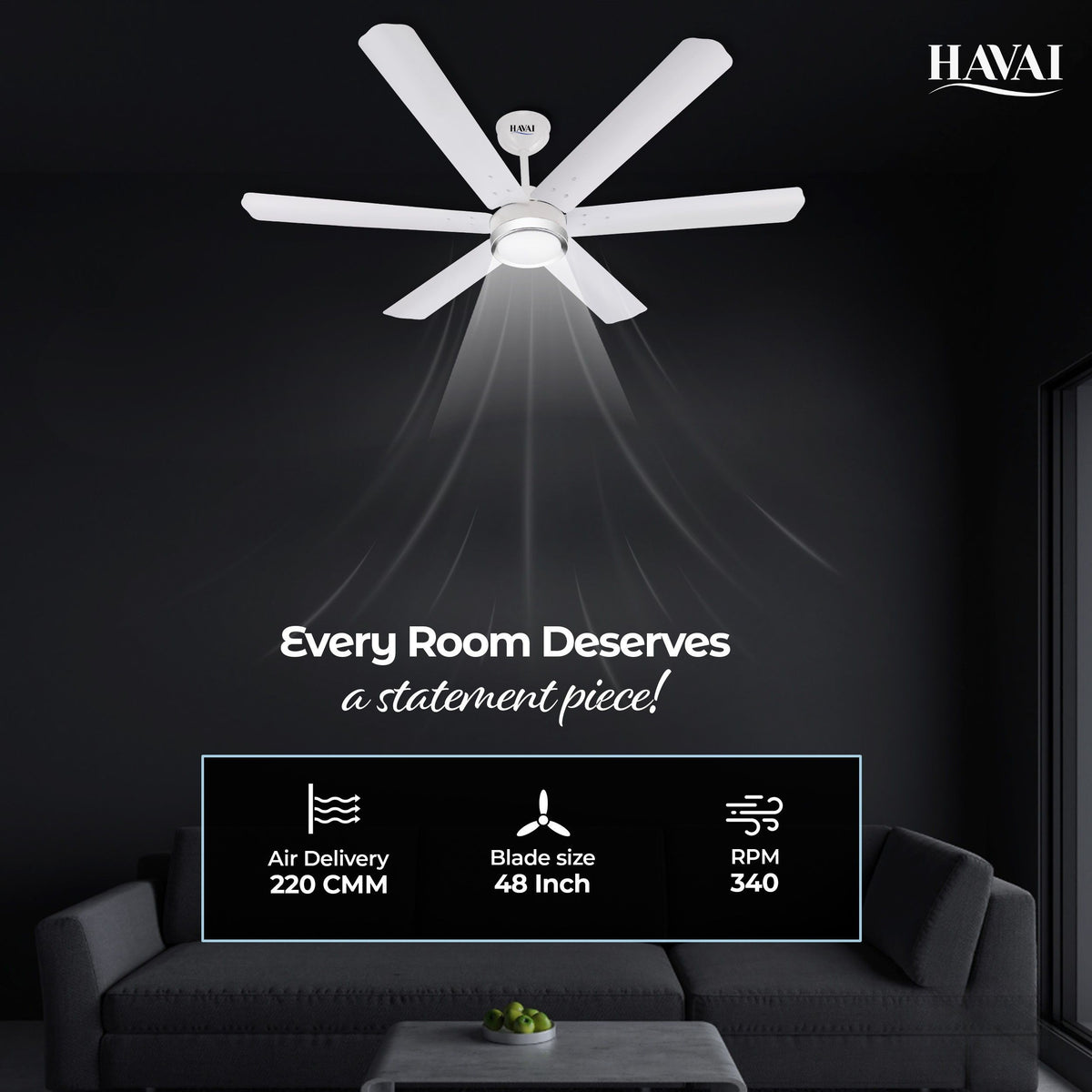HAVAI Spinel BLDC Ceiling Fan with Decorative Ring | 1200mm, 6 Blades, 25W | Remote Control &amp; 9W LED Light | 2 Years Warranty | Pearl White