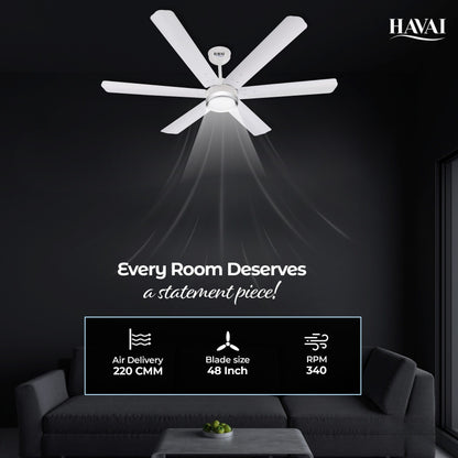 HAVAI Spinel BLDC Ceiling Fan with Decorative Ring | 1200mm, 6 Blades, 25W | Remote Control &amp; 9W LED Light | 2 Years Warranty | Pearl White
