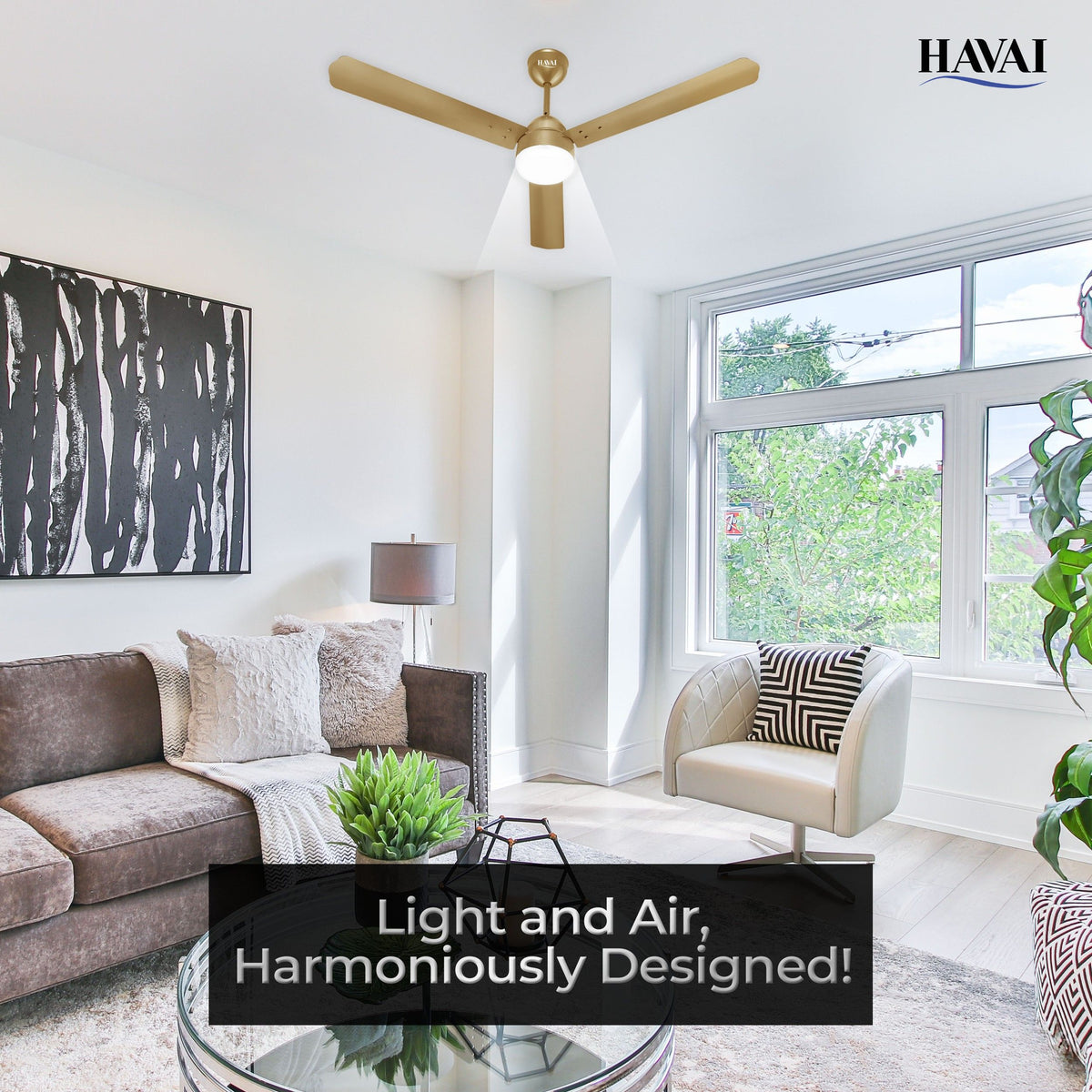 HAVAI Spinel BLDC Ceiling Fan 28W, 1200mm Blade with Remote - Champagne Yellow,9W LED Light
