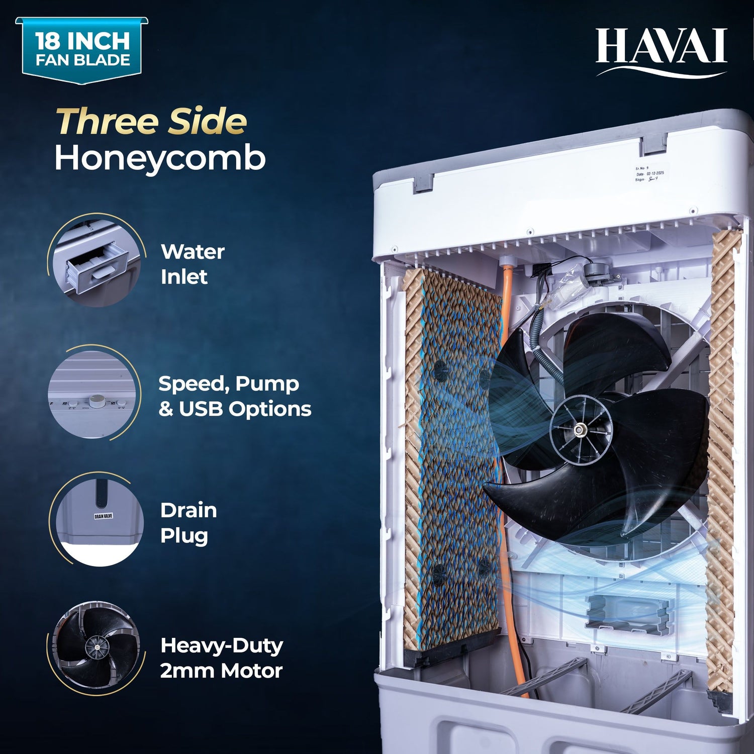 HAVAI Thunder 18 Desert Cooler | 18” Heavy-Duty Aluminium Fan Blade | 110 Dia 35mm Powerful Motor | Auto Swing | 3-Side Honeycomb Pads | 20 Ft Air Throw | 100L Tank | 1-Year Motor Warranty + Post-Warranty Support | White &amp; Grey