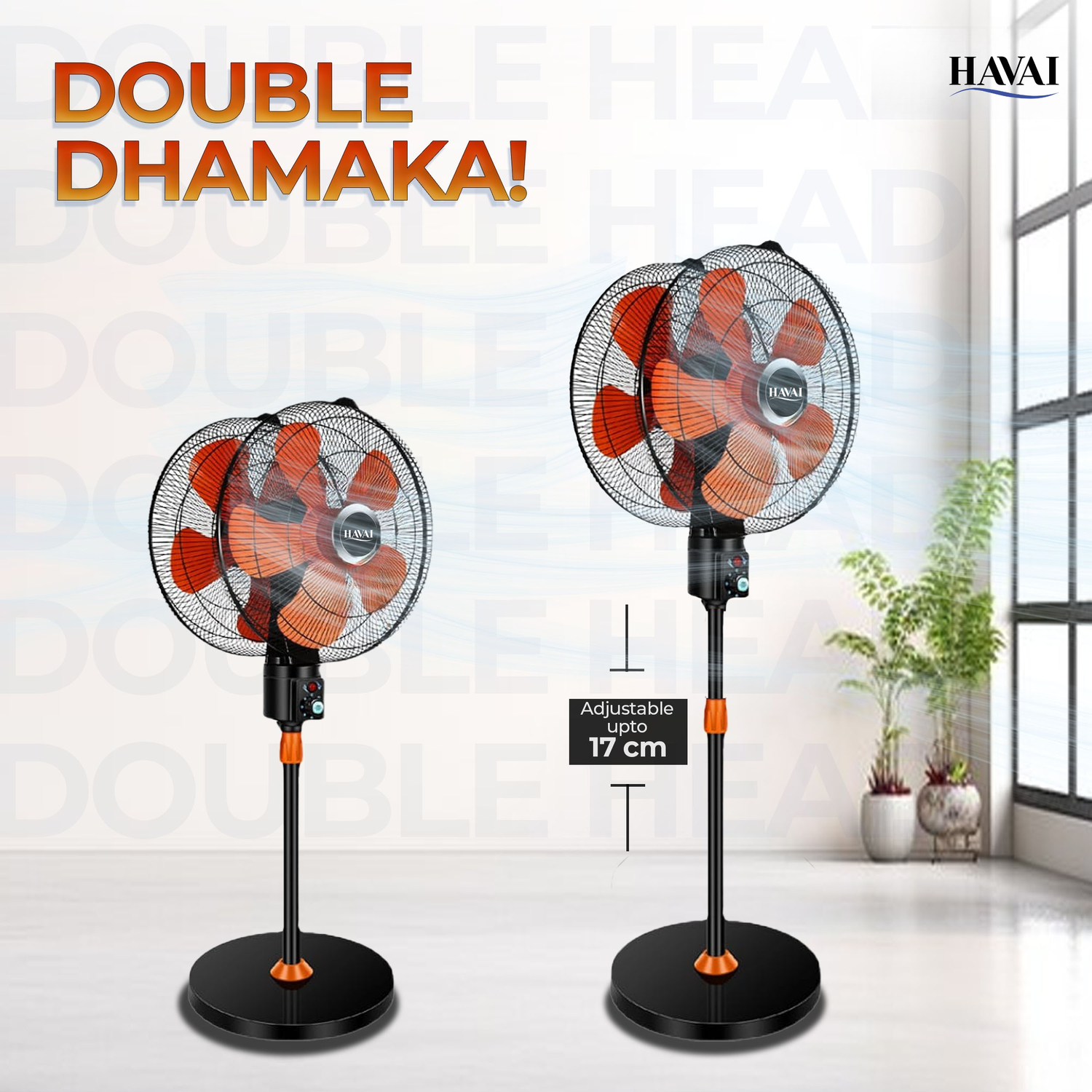 HAVAI DOUBLE HEAD 360 DEGREE FAN |18 INCH|REMOTE CONTROL, DOUBLE HEADED, 360 Degree Coverage, Pedestal | 1 Year Warranty | 3 SPEED CONTROL | ORANGE AND BLACK