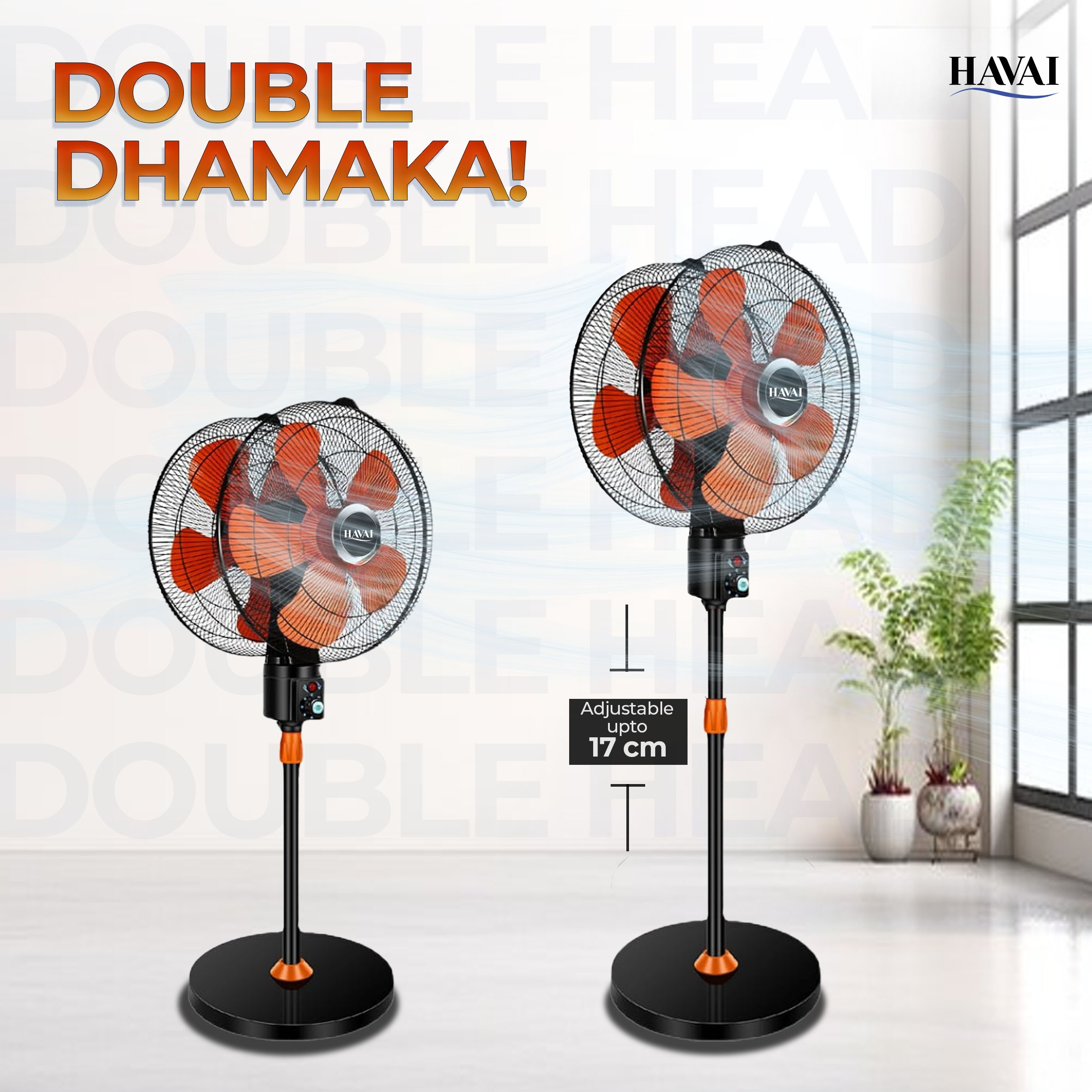 HAVAI DOUBLE HEAD 360 DEGREE FAN |18 INCH|REMOTE CONTROL, DOUBLE HEADED, 360 Degree Coverage, Pedestal | 1 Year Warranty | 3 SPEED CONTROL | ORANGE AND BLACK