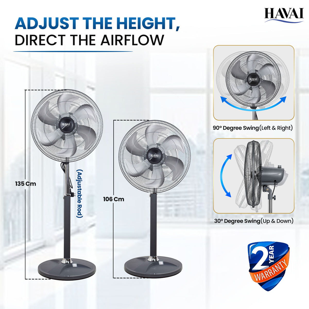 Havai 18 Inch BLDC Commercial Pedestal Fan with Remote &amp; 6 Aluminium Blades Installation Included, 2-Year Warranty, 8–95W Power, 9 Speeds, Timer, Automatic Oscillation &amp; Fingerproof Safety Grill.