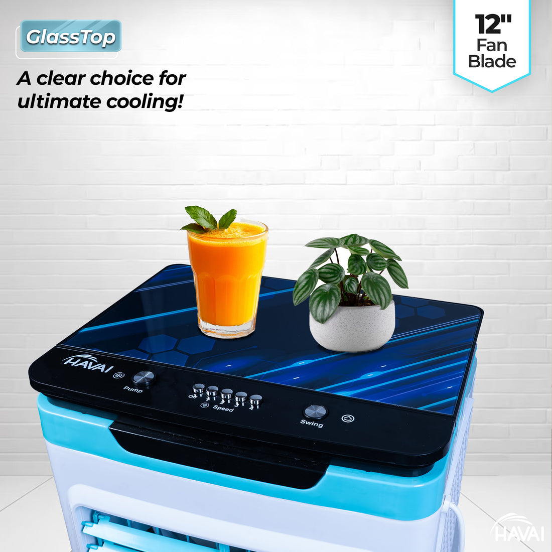 HAVAI Premium Glass Top GT 12 | 12&quot; Fan Blade | 40 Litre Tank Capacity | 160W Power | 15ft Air Throw | 3-Side Honeycomb Cooling | Sleek Glass Top Design | 4 Castor Wheels (BLUE)