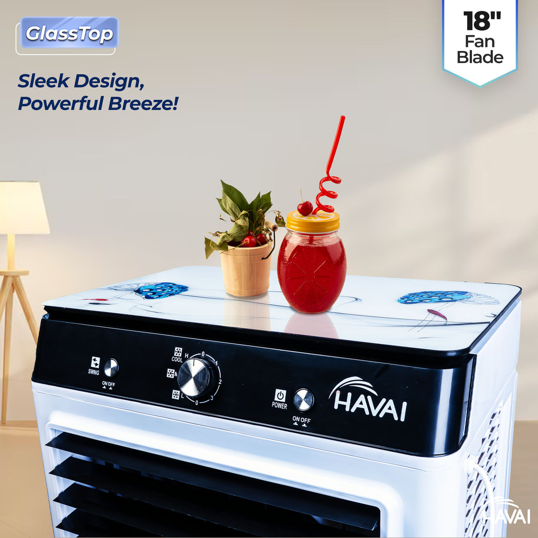 HAVAI Premium Glass Top GT 18 Air Cooler | 90L Tank Capacity | 18&quot; Fan Blade | 250W Power | 75ft Air Throw | 3-Side Honeycomb Cooling | Sleek Glass Top Design | 4 Castor Wheels