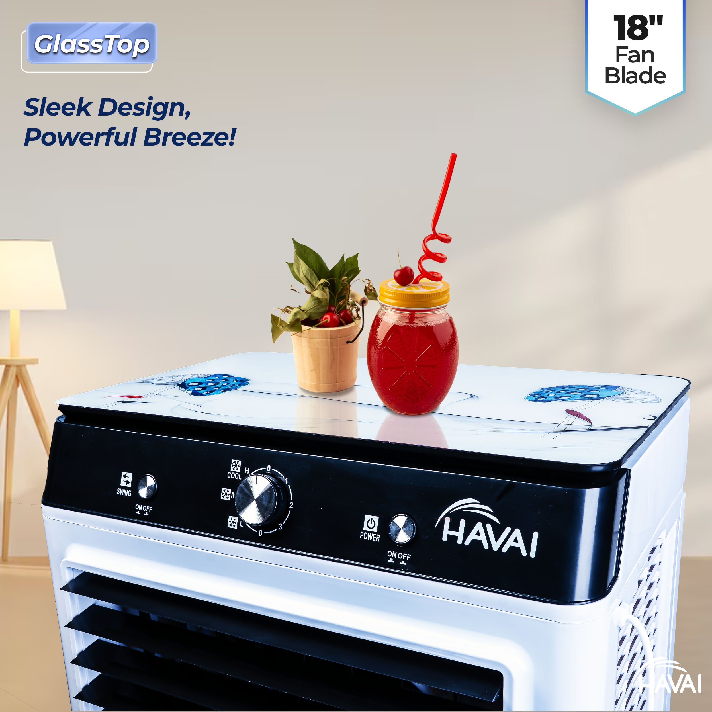 HAVAI Premium Glass Top GT 18 Air Cooler | 90L Tank Capacity | 18&quot; Fan Blade | 250W Power | 75ft Air Throw | 3-Side Honeycomb Cooling | Sleek Glass Top Design | 4 Castor Wheels