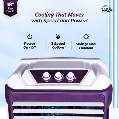 HAVAI Arizona 18 High Airflow Desert Cooler | 18” Metal Fan | 100L Tank | 3500 m³/hr Air Delivery | 30 ft Air Throw | 3-Side Thick Honeycomb Pads | Double Bearing Low-Noise Motor | Castor Wheels | 1-Year On-Site Warranty