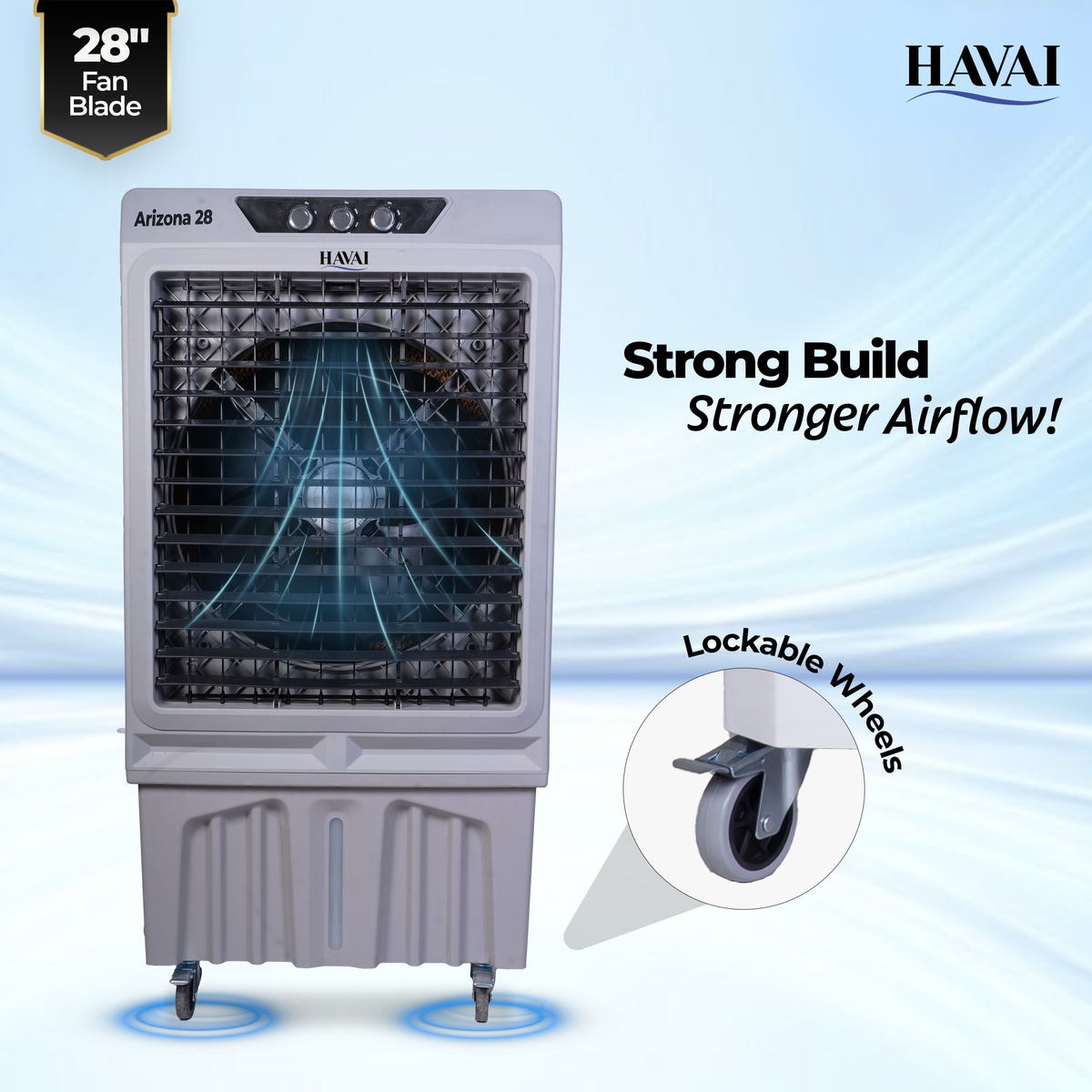 Havai Arizona 28 Industrial &amp; Commercial Air Cooler | 28-Inch Engineered 3-Leaf Blade | 10,000 m³/hr Air Delivery | 150L Tank | 500W Motor | 40 Ft Air Throw | Covers 700 Sq. Ft. | Finger Pull Drain Plug | 1-Year Warranty