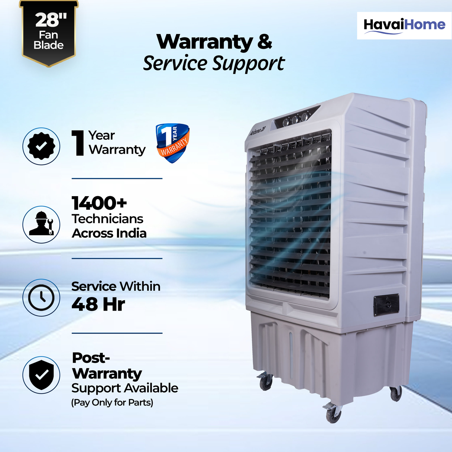 HAVAI Arizona 28 Industrial &amp; Commercial Air Cooler | 28-Inch Engineered 3-Leaf Blade | 10,000 m³/hr Air Delivery | 150L Tank | 500W Motor | 40 Ft Air Throw | Covers 700 Sq. Ft. | Finger Pull Drain Plug | 1-Year Warranty