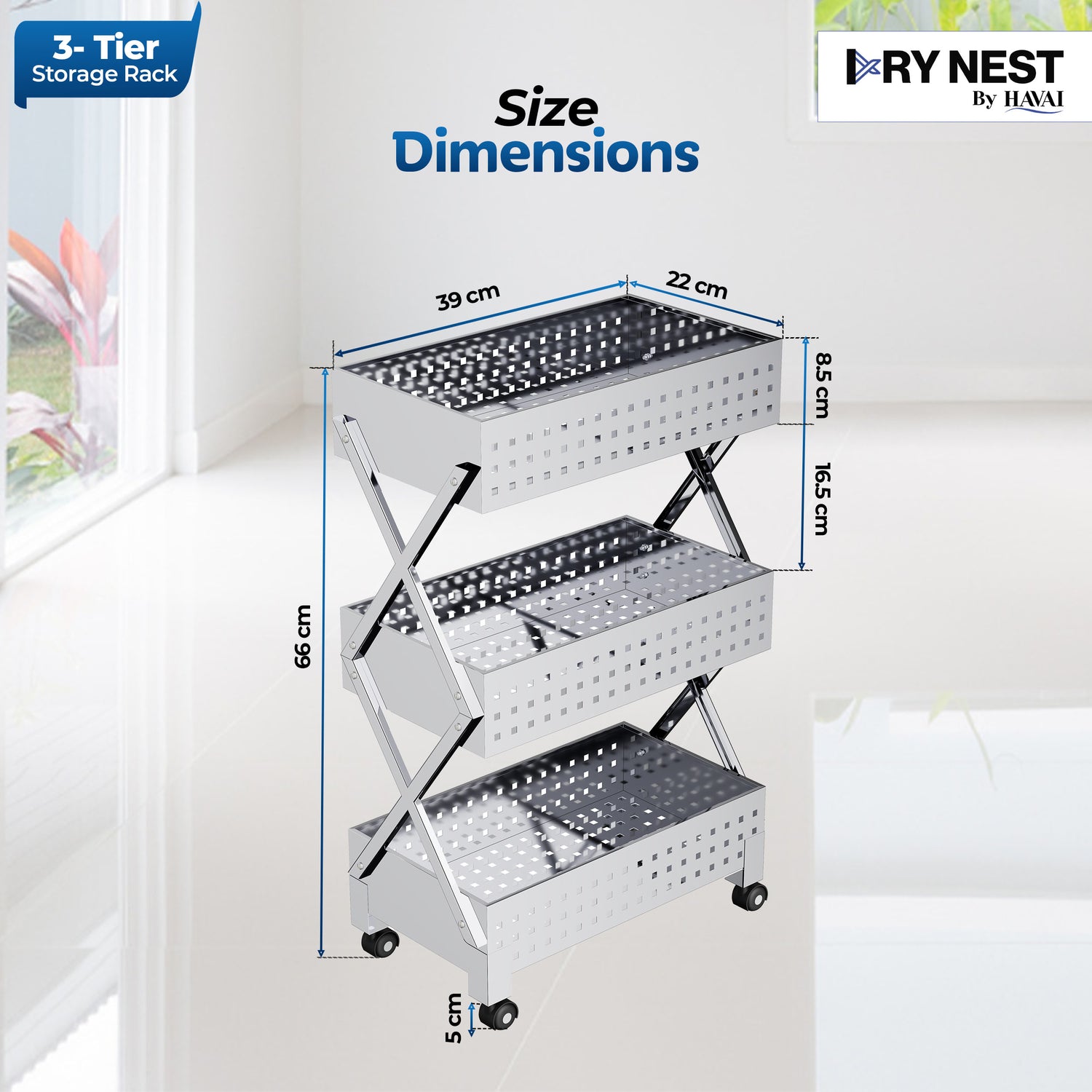 HAVAI Stainless Steel Multipurpose Storage Trolley with Wheels (Chrome, 3)