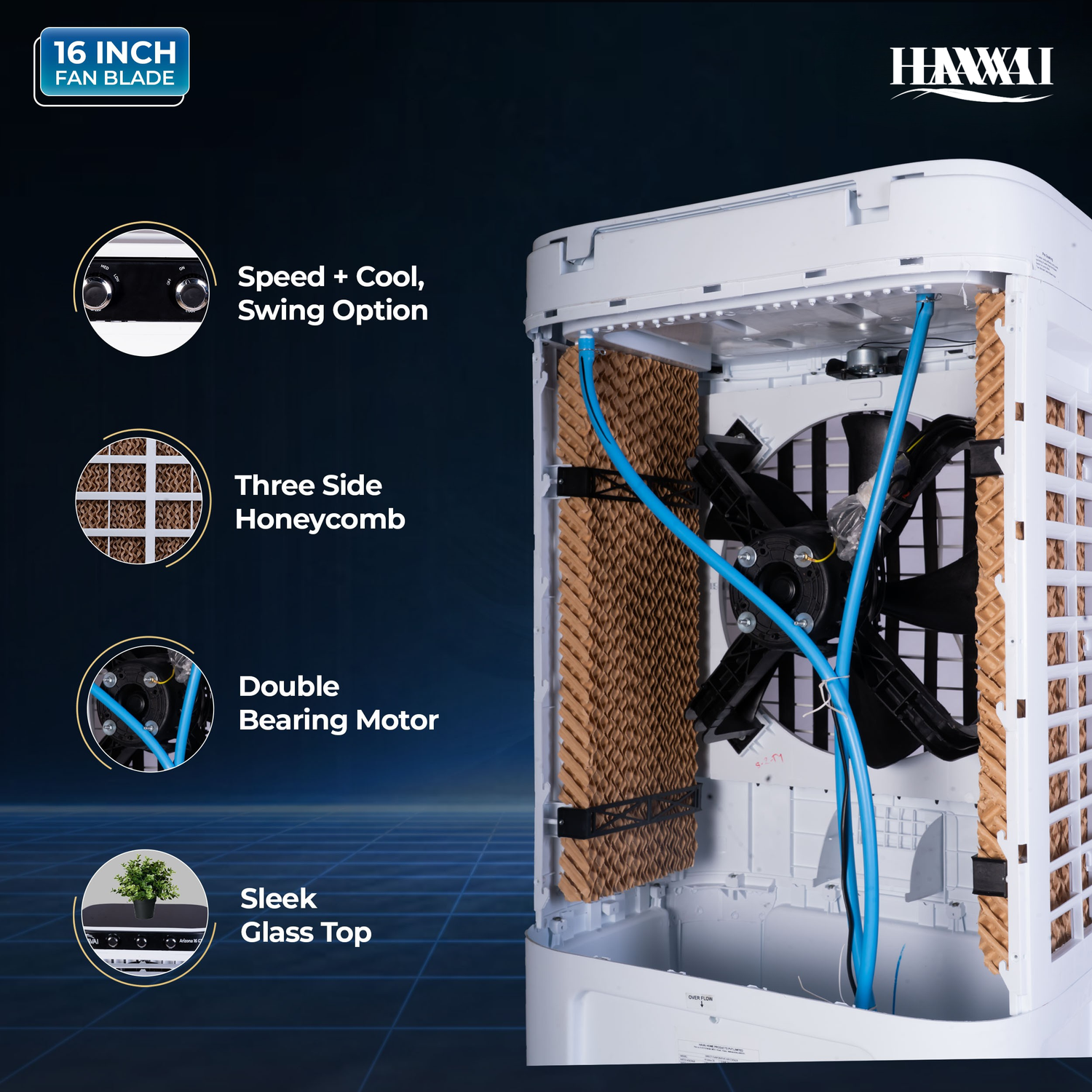 HAVAI Arizona 16 GT Desert Air Cooler | 80L Tank | 16” Aerodynamic Fan | 3-Side Thick Honeycomb | Glass Top with Ice Chamber | Smart Dust-Filter Inlet | 5 Castors | 3300 m³/hr | 1 Year On-Site Warranty