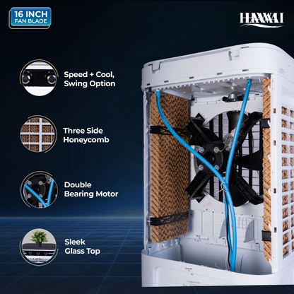 HAVAI Arizona 16 GT Desert Air Cooler | 80L Tank | 16” Aerodynamic Fan | 3-Side Thick Honeycomb | Glass Top with Ice Chamber | Smart Dust-Filter Inlet | 5 Castors | 3300 m³/hr | 1 Year On-Site Warranty