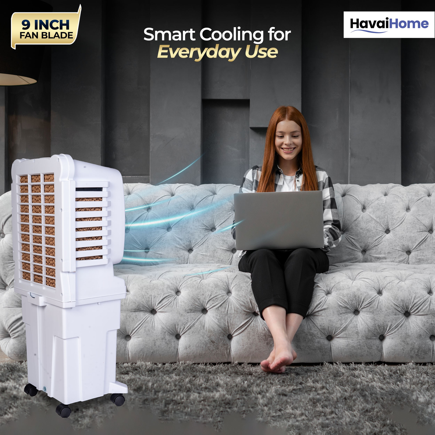 HAVAI Arizona 9 Personal Air Cooler | 9-Inch Blade | 25L Tank | 3-Side Honeycomb Pads | Motorised Louvers | White