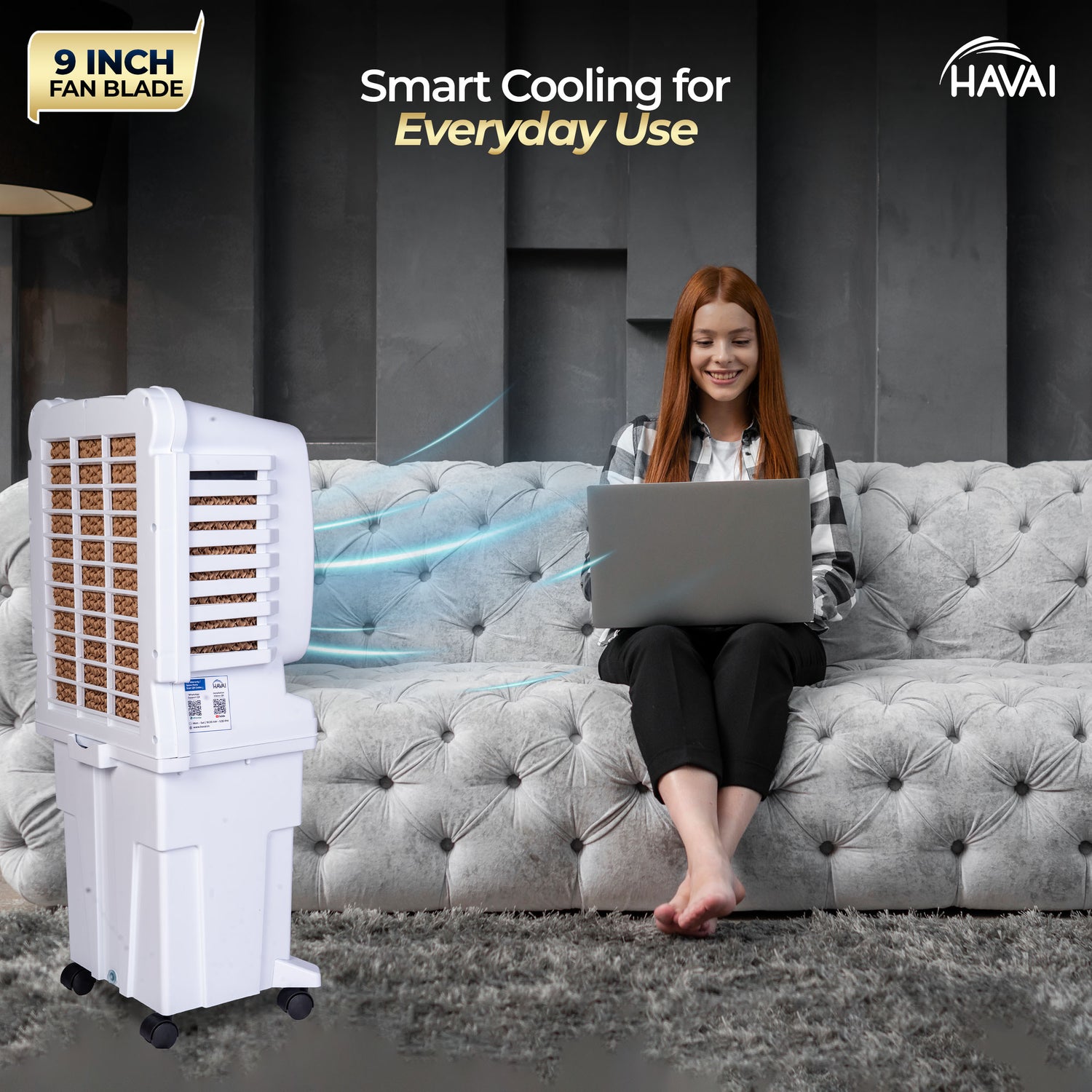HAVAI Arizona 9 Personal Air Cooler | 9-Inch Blade | 25L Tank | 3-Side Honeycomb Pads | Motorised Louvers | White