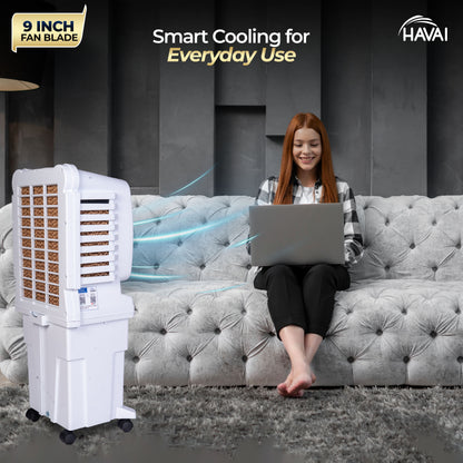 HAVAI Arizona 9 Personal Air Cooler | 9-Inch Blade | 25L Tank | 3-Side Honeycomb Pads | Motorised Louvers | White