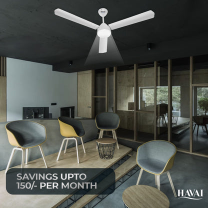 HAVAI Spinel BLDC Ceiling Fan 28W, 1200mm Blade with Remote - Pearl White,9W LED Light