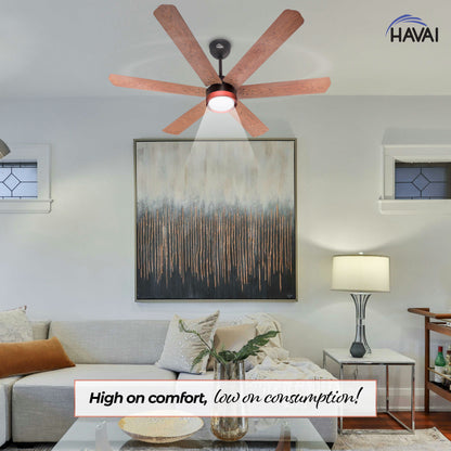 HAVAI Spinel BLDC Ceiling Fan with Decorative Ring | 1200mm, 6 Blades, 25W | Remote Control &amp; 9W LED Light | 2 Years Warranty | Smoke Brown