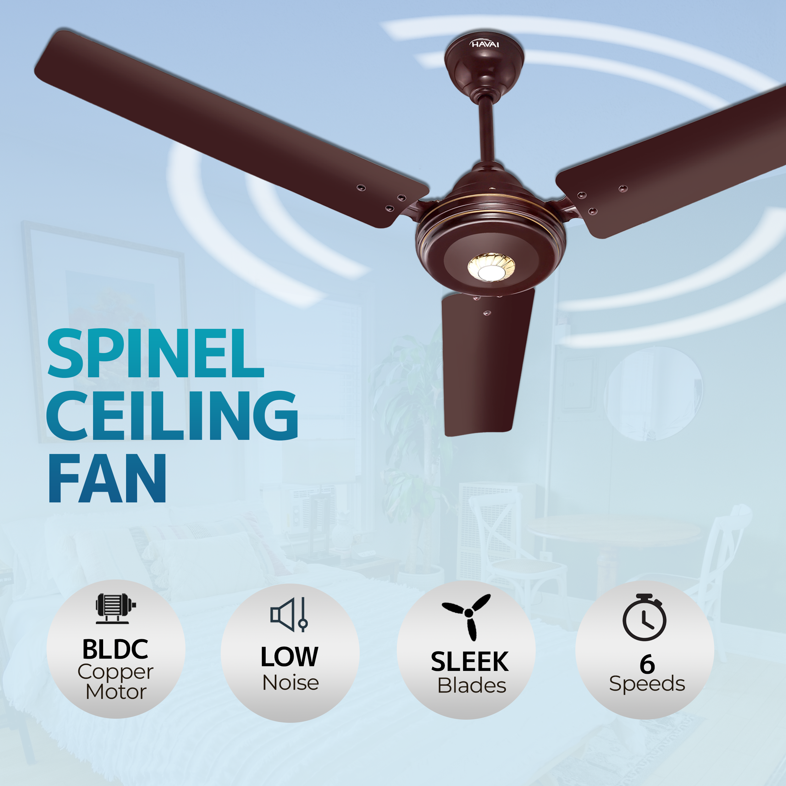 HAVAI Spinel BLDC Ceiling Fan 28W, 1200mm Blade with Remote - CHERRY BROWN