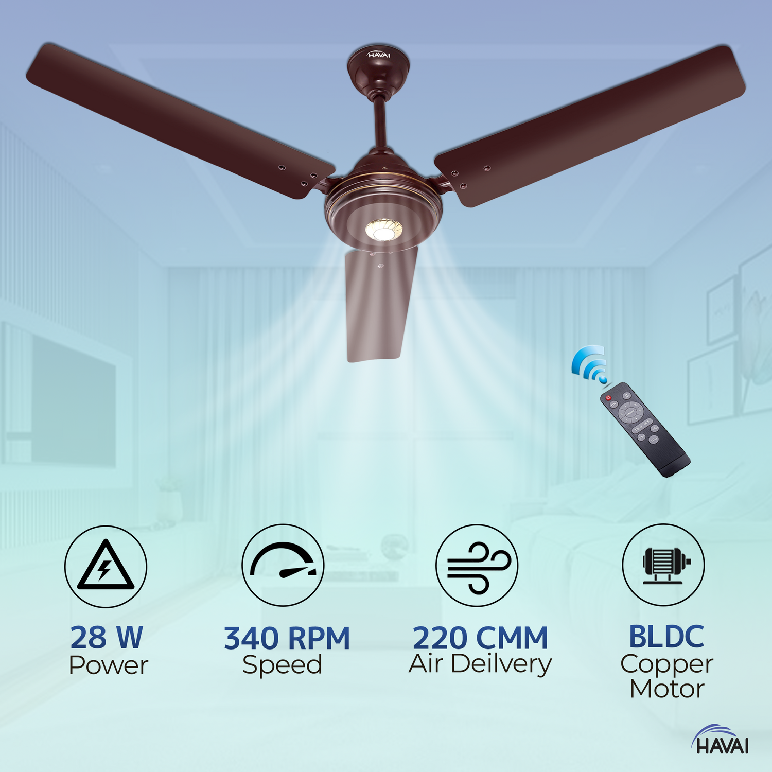 HAVAI Spinel BLDC Ceiling Fan 28W, 1200mm Blade with Remote - CHERRY BROWN