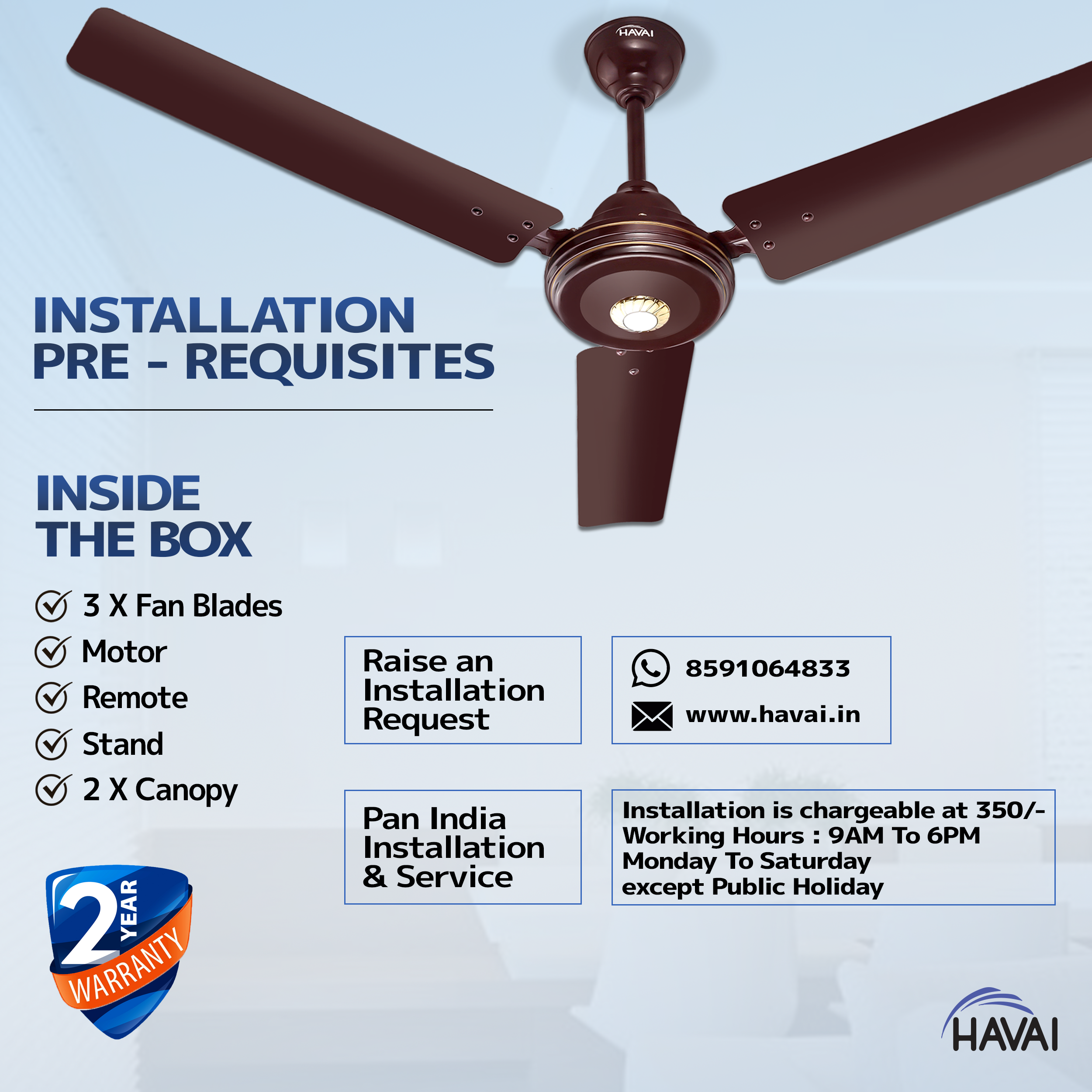 HAVAI Spinel BLDC Ceiling Fan 28W, 1200mm Blade with Remote - CHERRY BROWN