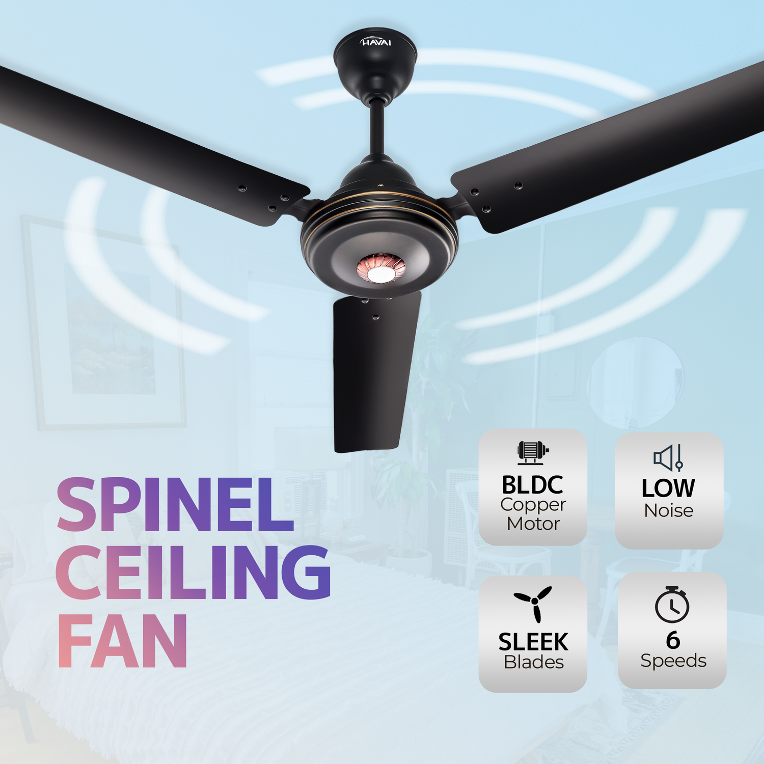 HAVAI Spinel BLDC Ceiling Fan 28W, 1200mm Blade with Remote - Smoky Brown