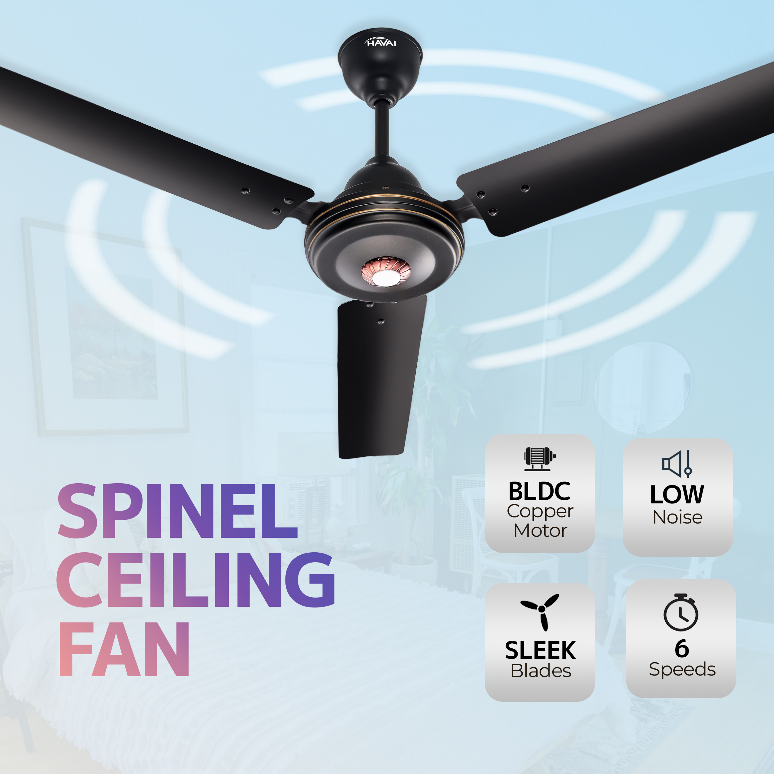 HAVAI Spinel BLDC Ceiling Fan 28W, 1200mm Blade with Remote - Smoky Brown