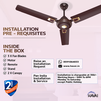 HAVAI Spinel BLDC Ceiling Fan 28W, 1200mm Blade with Remote - CHERRY BROWN, Leaf Deco