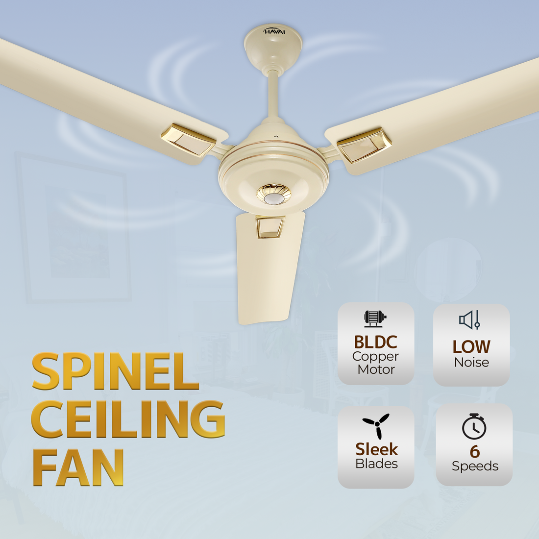 HAVAI Spinel BLDC Ceiling Fan 28W, 1200mm Blade with Remote - Ivory, Leaf Deco