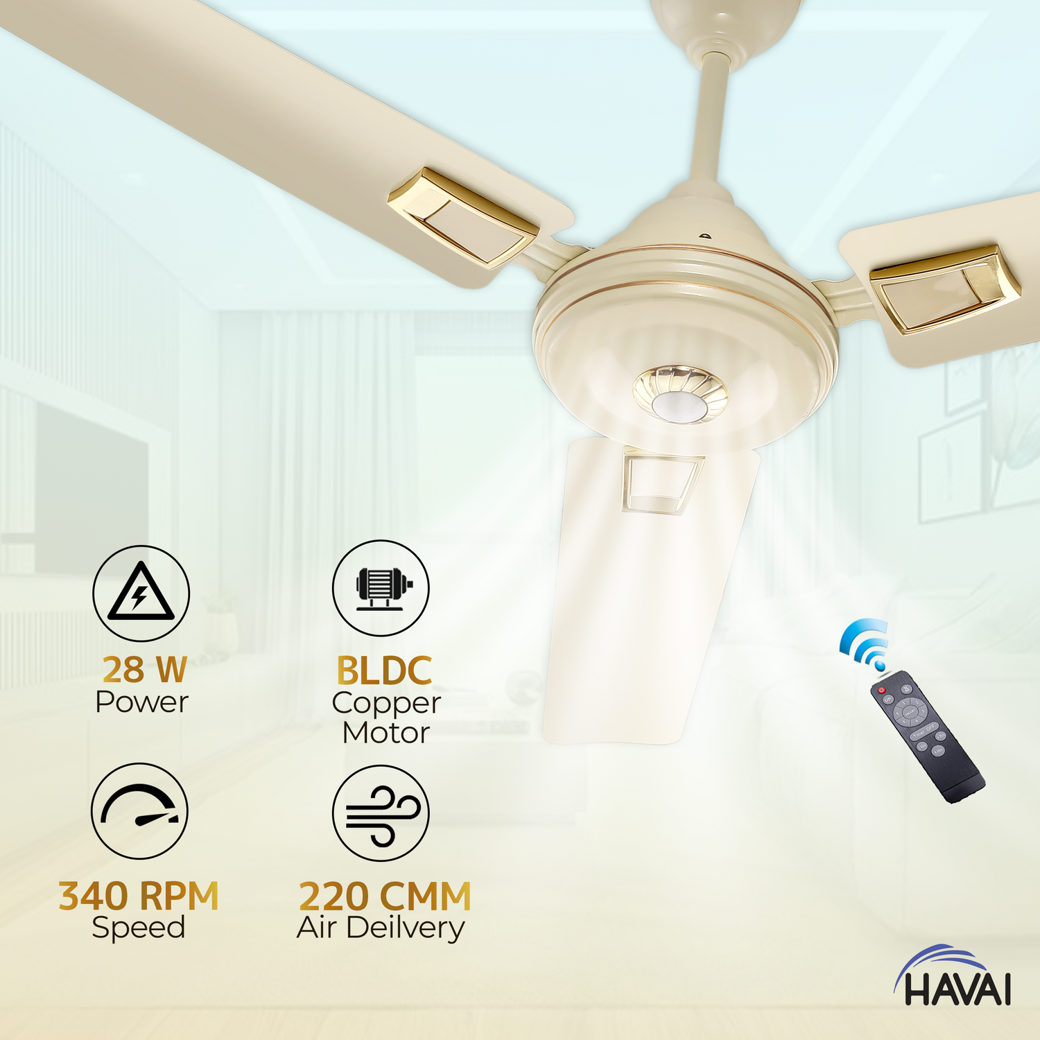 HAVAI Spinel BLDC Ceiling Fan 28W, 1200mm Blade with Remote - Ivory, Leaf Deco