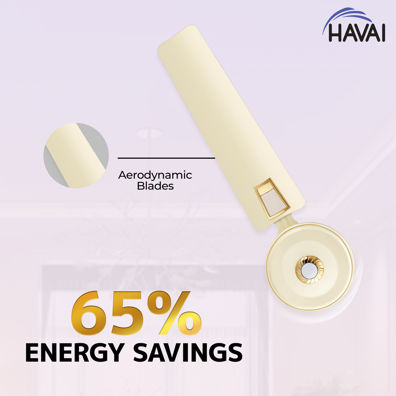 HAVAI Spinel BLDC Ceiling Fan 28W, 1200mm Blade with Remote - Ivory, Leaf Deco