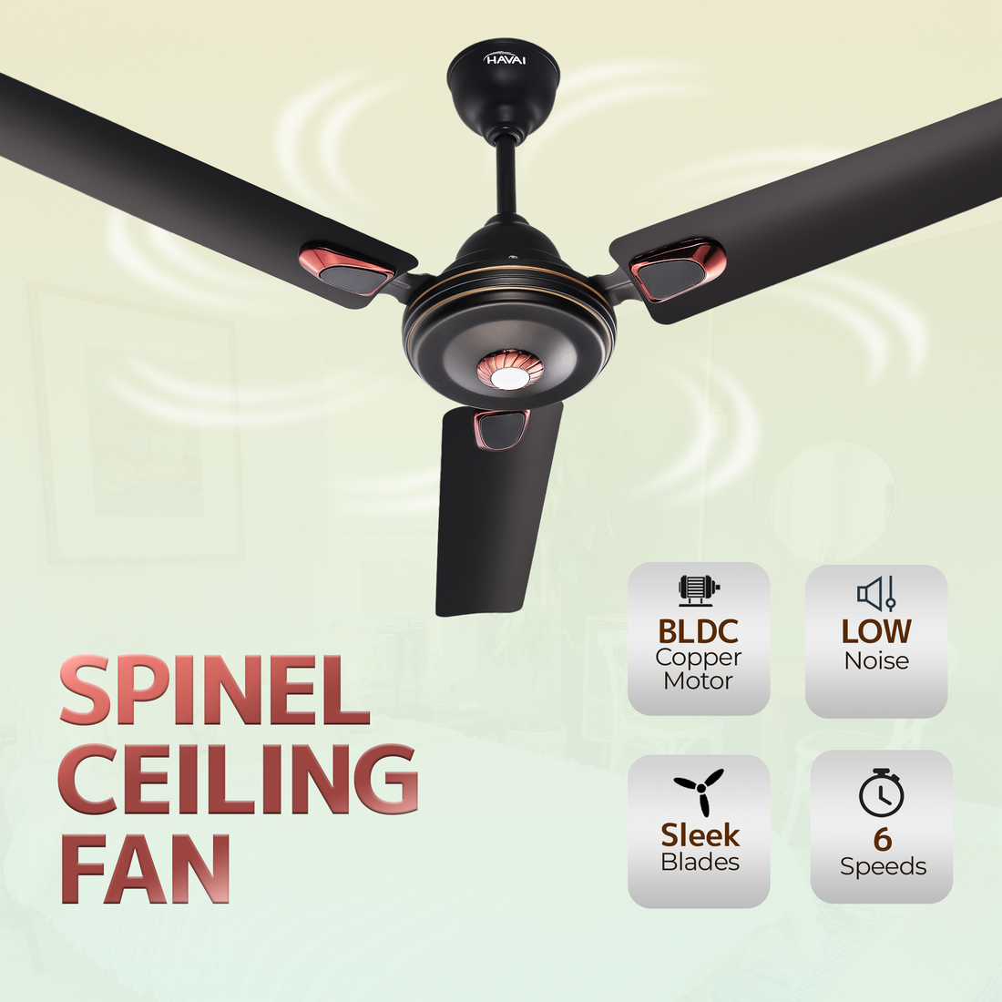 HAVAI Spinel BLDC Ceiling Fan 28W, 1200mm Blade with Remote - Smoky Brown, Leaf Deco