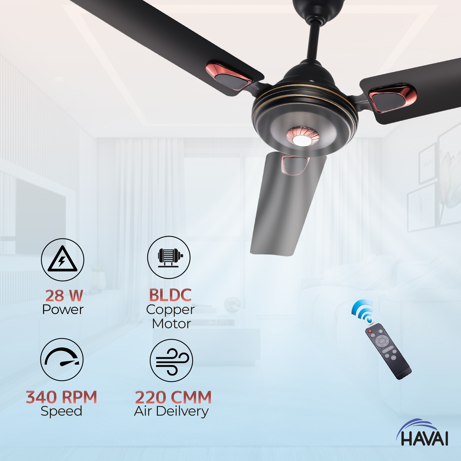 HAVAI Spinel BLDC Ceiling Fan 28W, 1200mm Blade with Remote - Smoky Brown, Leaf Deco