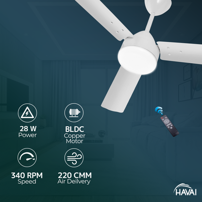 HAVAI Spinel BLDC Ceiling Fan 28W, 1200mm Blade with Remote - White, 0.5W LED