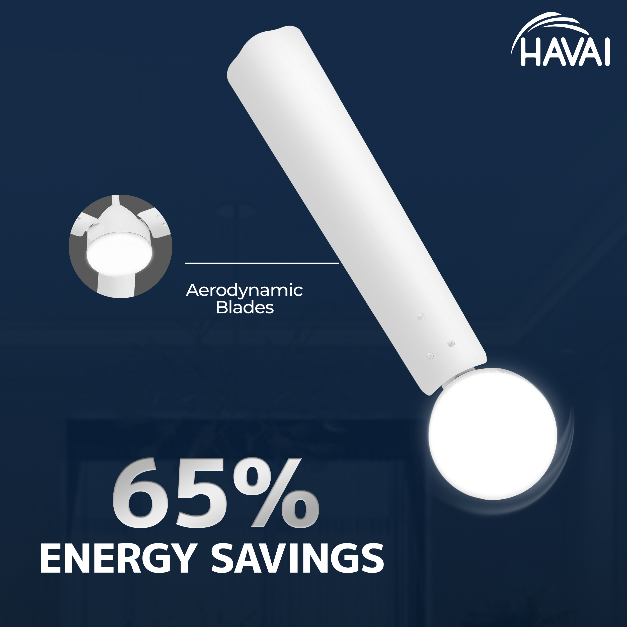 HAVAI Spinel BLDC Ceiling Fan 28W, 1200mm Blade with Remote - White, 0.5W LED