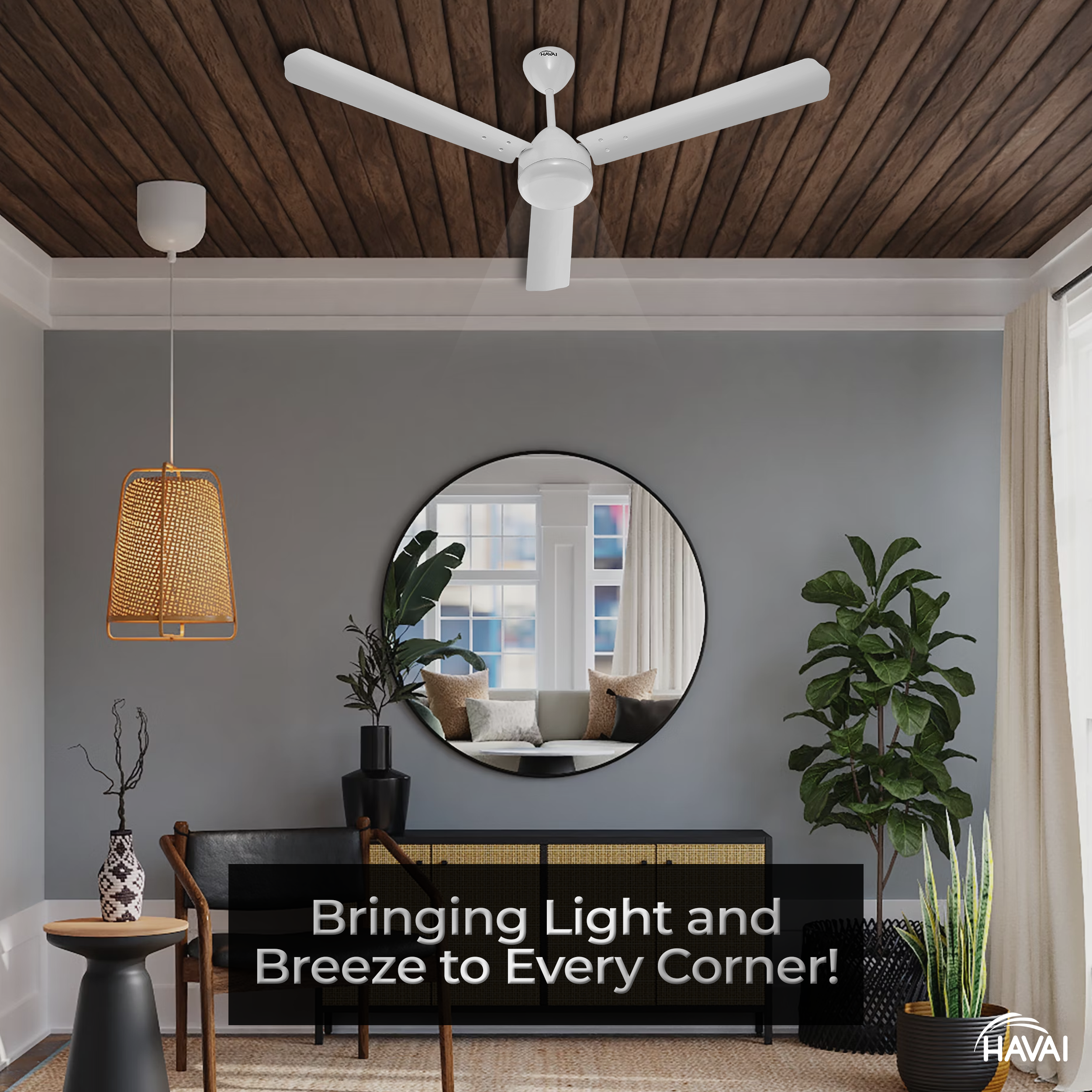 HAVAI Spinel BLDC Ceiling Fan 28W, 1200mm Blade with Remote - White, 0.5W LED